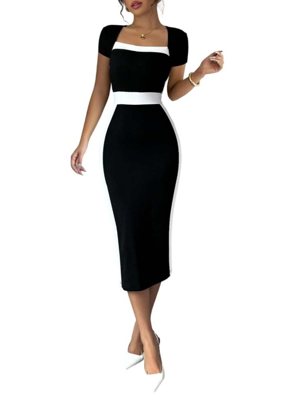 Elegant Women’s Black & White Bodycon Midi Dress for Work & Events